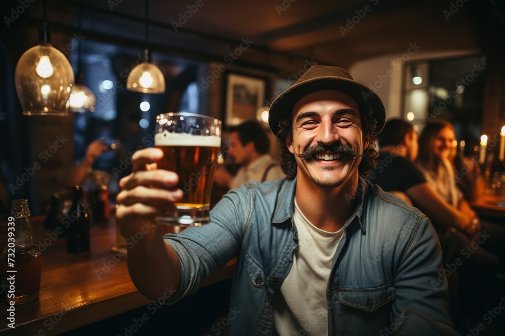 Happy smiling long haired mustachioed man and trilby hat raising his hand with a glass of beer in a pub - obrazy, fototapety, plakaty 