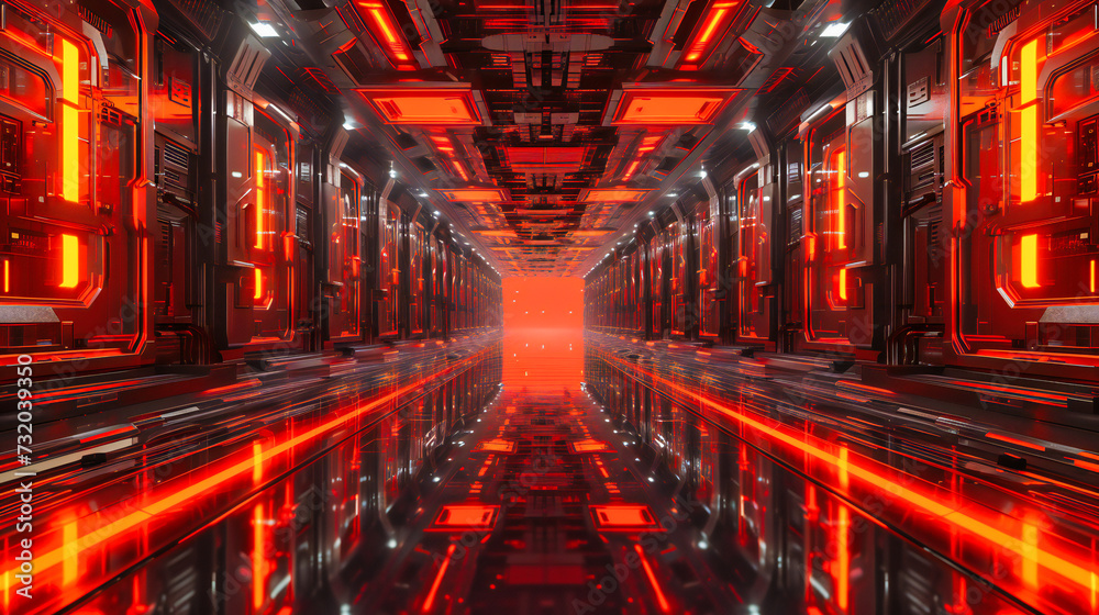 Futuristic server room in a digital corridor, illustrating advanced technology and networking systems Futuristic server room in a digital corridor, illustrating advanced technology and networking systems