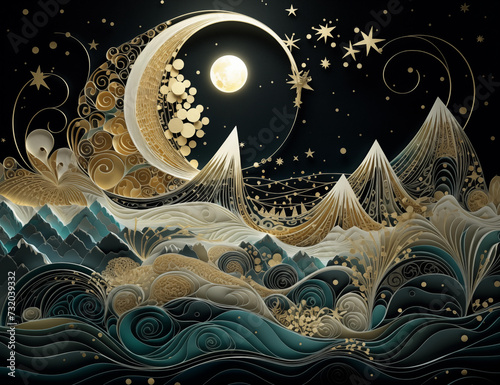 a design containing a big moon over a snowy landscape, in the style of dark emerald and gold