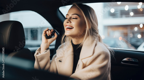 Blonde women laughing in back of taxi on the way to work.
