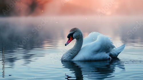Graceful Swan at Dawn - A Beautiful White Swan Swimming in a Tranquil Lake, Illuminated by the Soft Light of Sunrise