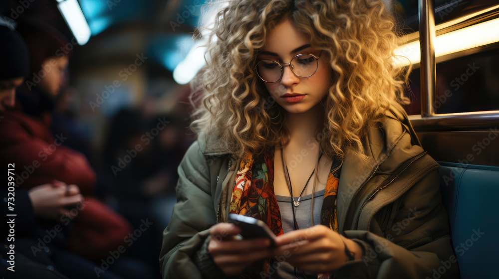 Blonde Curley haired women urban commuter engrossed in mobile device, a solitary focus amidst the hustle of city transit Blonde Curley haired women urban commuter engrossed in mobile device, a solitary focus amidst the hustle of city transit