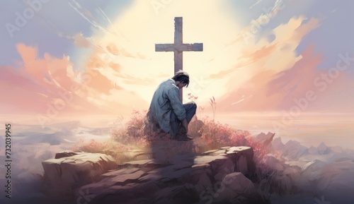 Man kneeling, sitting down before a cross. Holy cross symbolizing the death and resurrection of Jesus Christ with the sky over Golgotha Hill is shrouded in light and clouds photo