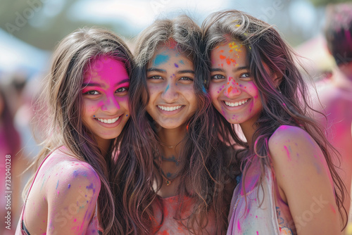 Three beautiful smiling girls posing at holi party