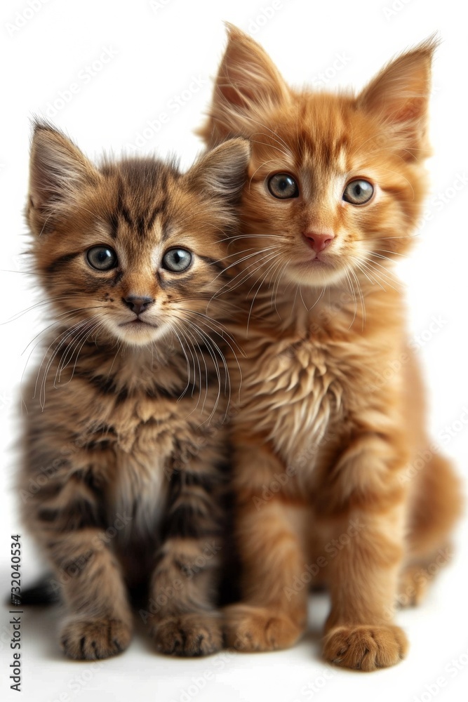Two adorable striped kittens, sitting in a charming studio setting.