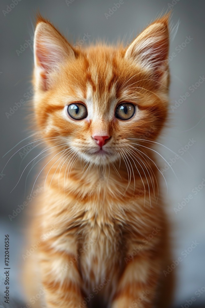 A cute orange kitten with red markings, posing in a charming, lovable manner.