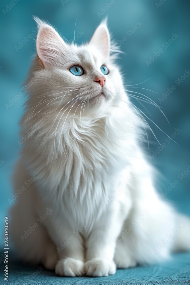 A fluffy white cat with blue eyes sits by a window, showcasing playful beauty.