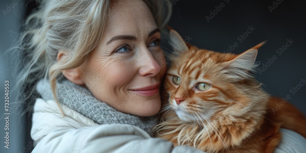 An elegant, smiling lady radiates positivity while stylishly hugging a fluffy ginger cat indoors.
