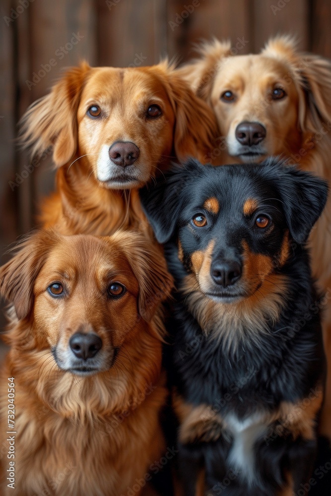A group of domestic dogs sitting, showcasing a cute and happy portrait of canine friendship. A group of domestic dogs sitting, showcasing a cute and happy portrait of canine friendship.