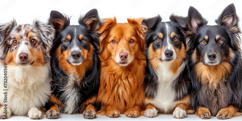 An adorable group of dogs, including a sheepdog, collie, and others, showcasing friendship and cuteness. An adorable group of dogs, including a sheepdog, collie, and others, showcasing friendship and cuteness.