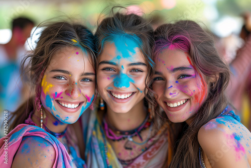 Three beautiful smiling girls posing at holi party