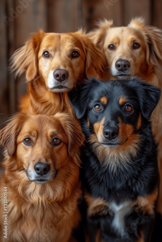 A group of domestic dogs sitting  showcasing a cute and happy portrait of canine friendship.