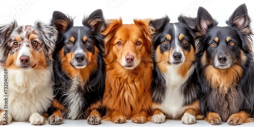 An adorable group of dogs, including a sheepdog, collie, and others, showcasing friendship and cuteness.
