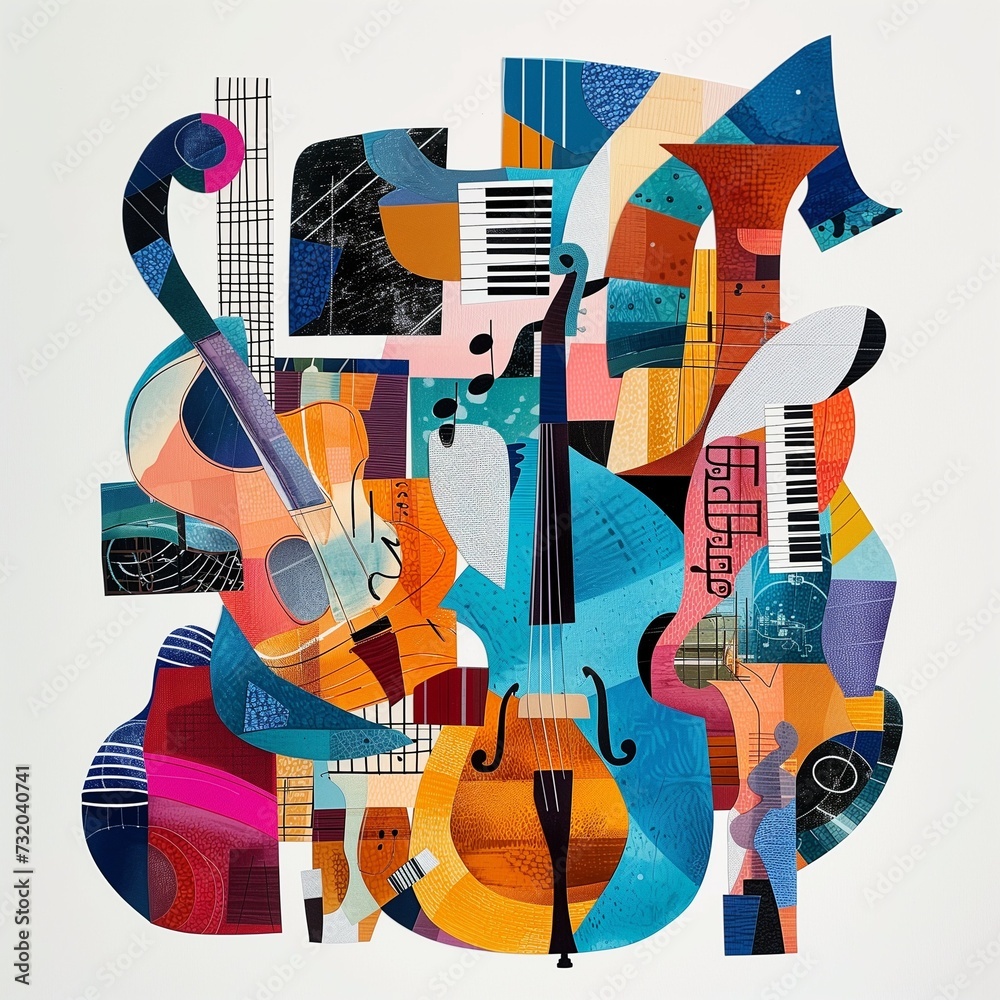 Abstract collage of vibrant cutout images of musical instruments and notes. - obrazy, fototapety, plakaty 