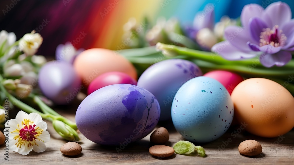 Easter greeting with colorful eggs and flowers Easter greeting with colorful eggs and flowers