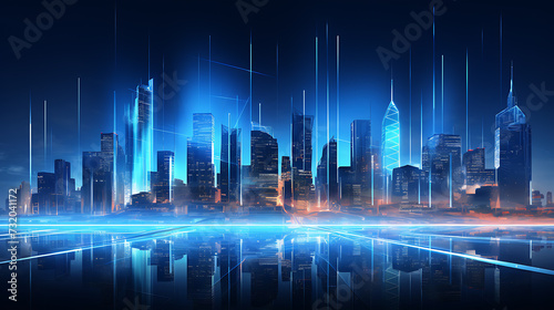 An abstract cityscape with skyscrapers made of glowing lines