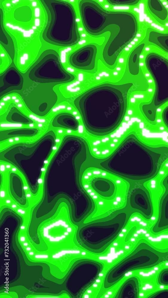 Abstract moving green glowing lines on a dark background seamless looped animation. Abstract moving topographic map lines. Moving waving lines on orange background. Abstract moving green glowing lines on a dark background seamless looped animation. Abstract moving topographic map lines. Moving waving lines on orange background.