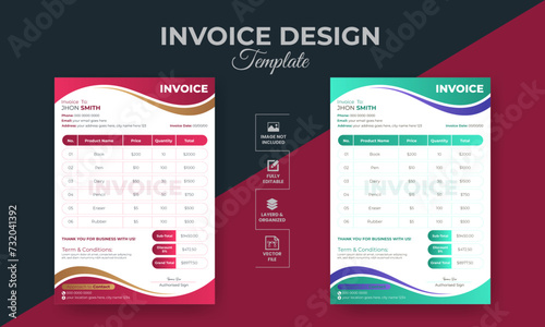 Minimal invoice or bill form design template for business and office with best layout.