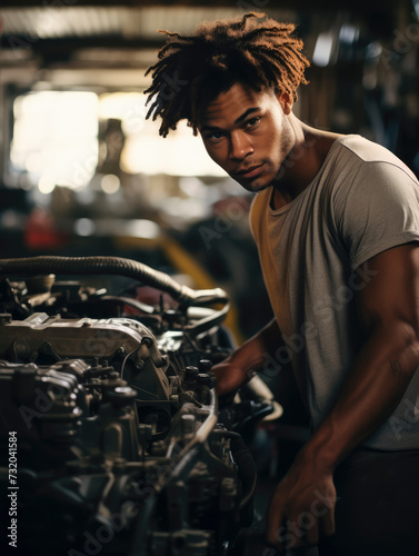 A diligent black mechanic, engrossed fixing a car, accentuated by the warm, ambient lighting of the workshop © David