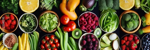 Assorted fresh fruits and berries on the table. Concept: a healthy and appetizing composition of healthy food for vegetarians and fruitarians