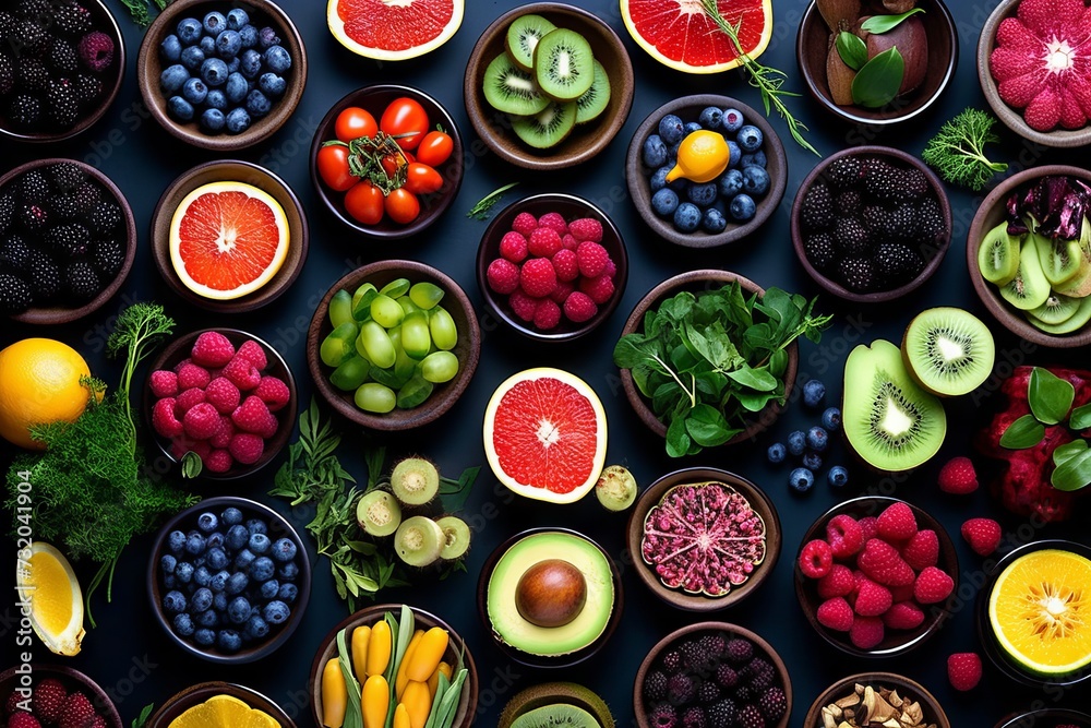 Assorted fresh fruits and berries on the table. Concept: a healthy and appetizing composition of healthy food for vegetarians and fruitarians Assorted fresh fruits and berries on the table. Concept: a healthy and appetizing composition of healthy food for vegetarians and fruitarians