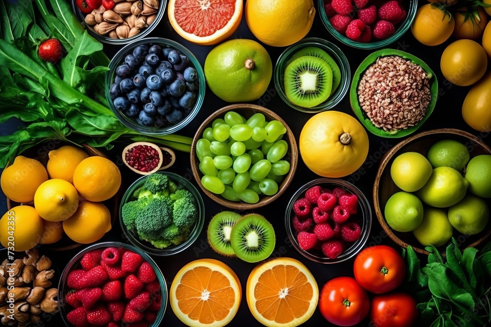 Assorted fresh fruits and berries on the table. Concept: a healthy and appetizing composition of healthy food for vegetarians and fruitarians Assorted fresh fruits and berries on the table. Concept: a healthy and appetizing composition of healthy food for vegetarians and fruitarians