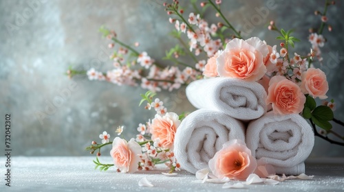 Arrangement of bath towels and lovely flowers