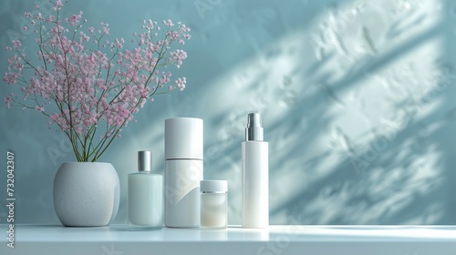 Serene and tranquil setting with minimalist decorative cosmetics, promoting a...