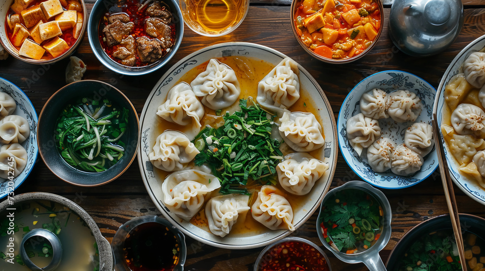 a table topped with plates of dumplings and bowls of soup