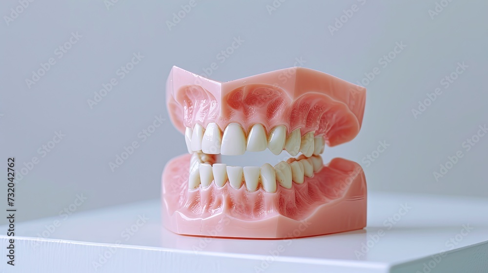 Upper and lower jaws with false teeth. Dentures close-up on a white surface. Copy space for dental care. MOCKUP Upper and lower jaws with false teeth. Dentures close-up on a white surface. Copy space for dental care. MOCKUP