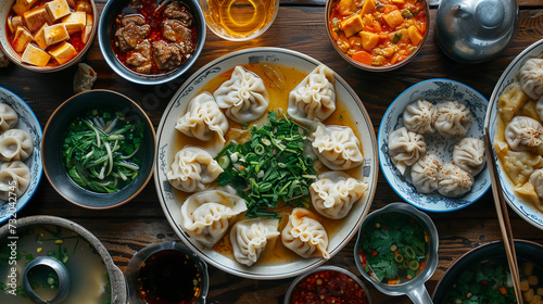 a table topped with plates of dumplings and bowls of soup