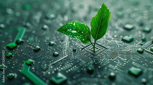 Green Technology Concept, Digital Circuit Board with Plant Growth, Eco-Friendly Innovation
