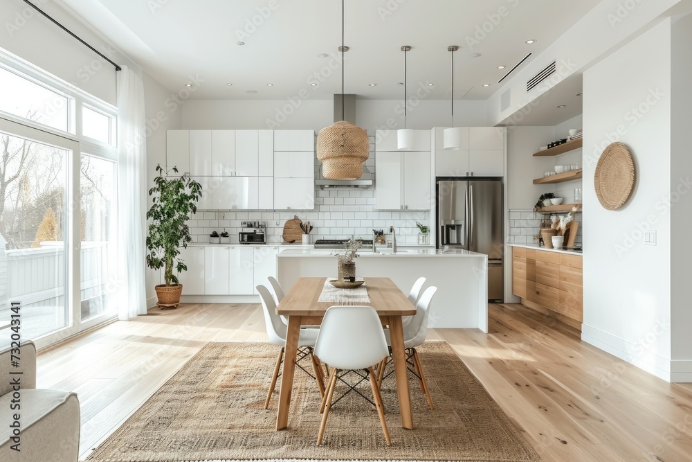 Interior of modern minimalist white Scandi style kitchen. White facades, white tile backsplash, open shelves with utensils, kitchen island, wooden dining table, indoor plants, panoramic window.