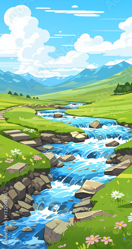 Beautiful Green Mountain Valley with Crystal Clear Stream and Wildflowers, Idyllic Peaceful Alpine Landscape with Lush Meadow and Snowy Peaks, Nature Photography Background for Travel and Ecology