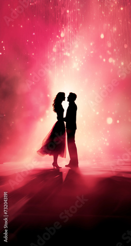 Romantic silhouette of a couple sharing a kiss against a pink magical background, creating a dreamy and enchanting atmosphere.