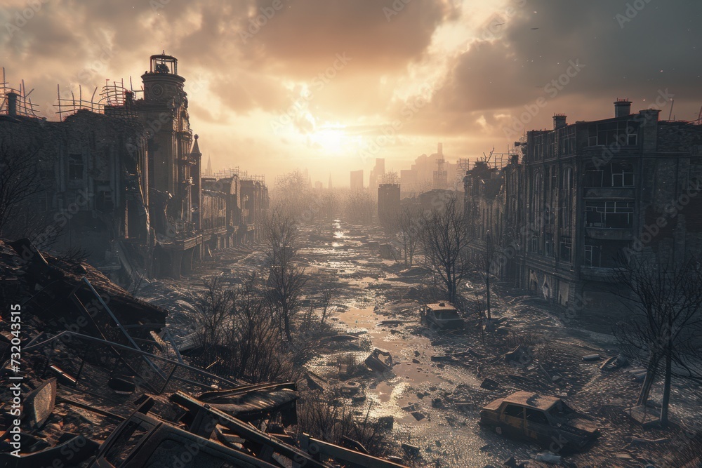 a city destroyed by bombs, the effects of war There are zombies all over the city. 