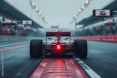 Formula 1 car on the track while driving, front view. © 2D_Jungle