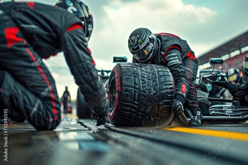 Support team changing F1 tires during race. photo