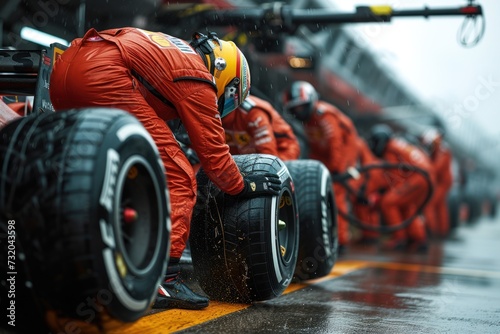 Support team changing F1 tires during race.
