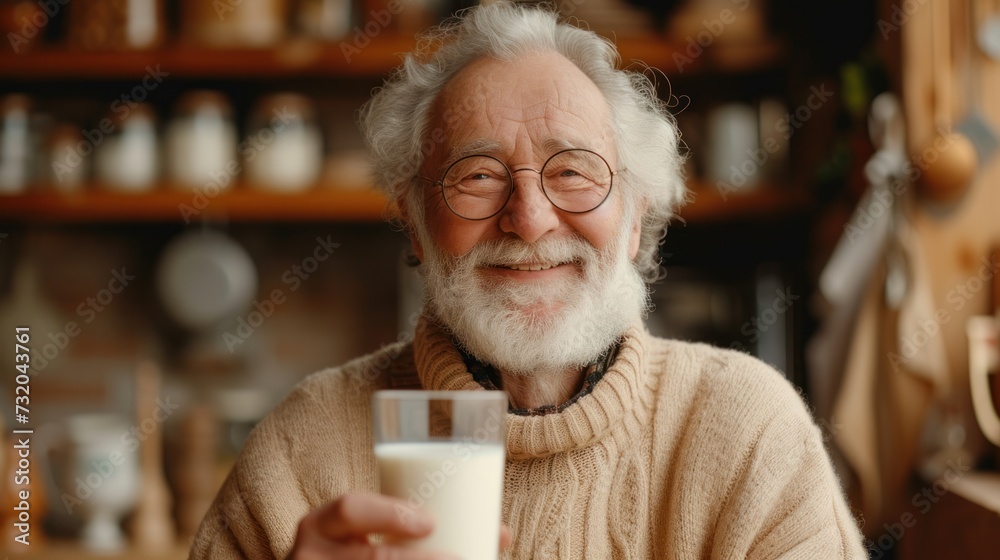 Portrait of an elderly man smiling with gray hair on his head and beard with glasses holding a glass with milk in his hand on the background of the kitchen,copy space.