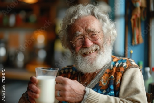 Portrait of an elderly man smiling with gray hair on his head and beard with glasses holding a glass with milk in his hand on the background of the kitchen,copy space.