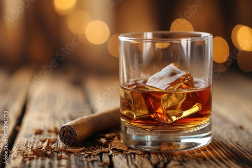 A glass with whiskey and a cigar next to it on a beautiful wooden table with a beautiful background with space for inscriptions or text.