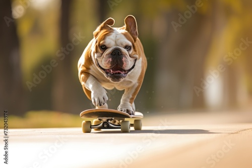 a bulldog riding a skateboard at speed,copy space.