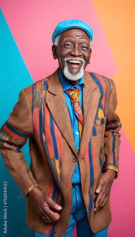 Fototapeta premium Cool senior african man with fashionable outfit portrait - Funny old male person with cool and playful attitude on colorful background