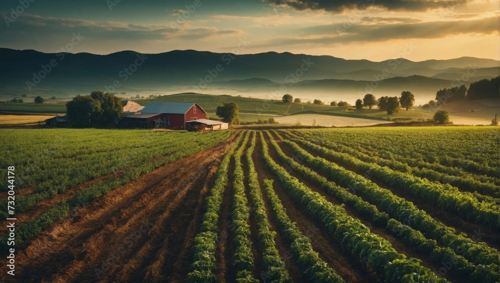 Sunset over a lush green vineyard nestled in the countryside landscape