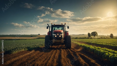 Tractor working in a picturesque farm field under the blue sky