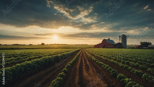 Sunset over a lush green vineyard nestled in the countryside landscape