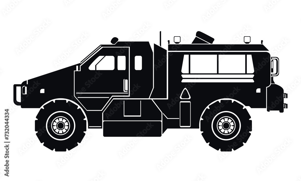 Armored military vehicle silhouette. Black icon. War and army symbols. PNG Illustration.