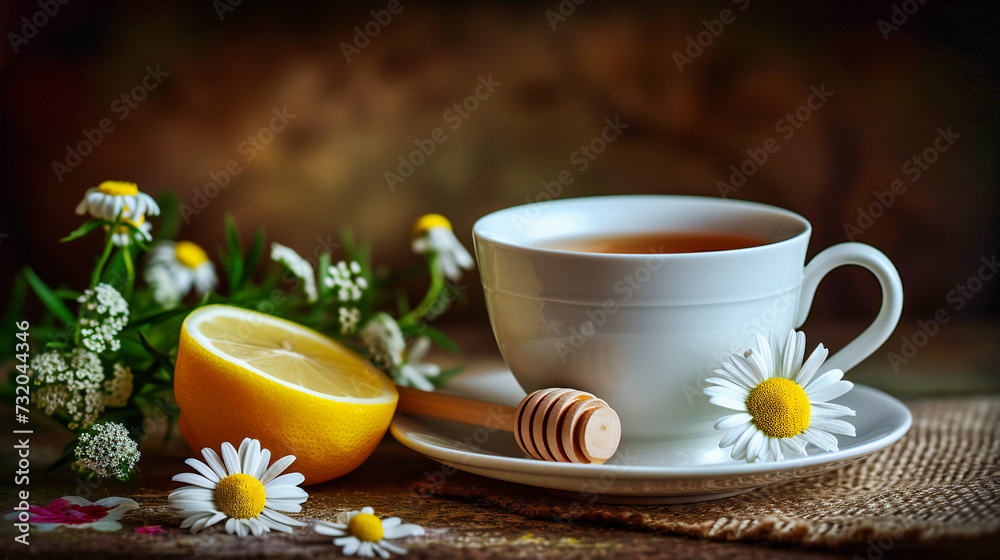 Herbal tea in a transparent cup surrounded by fresh flowers, emphasizing health and relaxation Herbal tea in a transparent cup surrounded by fresh flowers, emphasizing health and relaxation