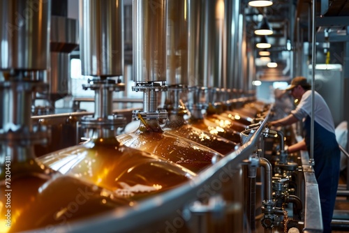 The process of beer being filled in a brewery
